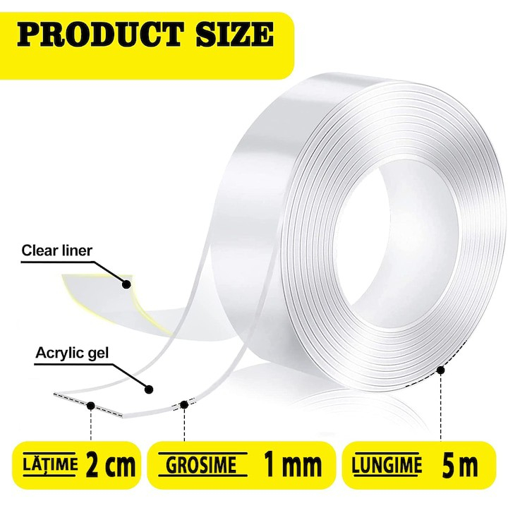 Banda dublu adeziva transparenta, reutilizabila, rezistenta la apa, 20mm x 1mm x 5m [2]