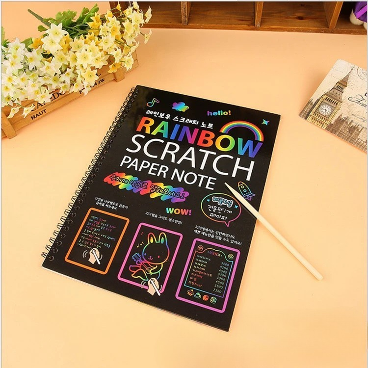 Caiet cu foi de razuit, 10 coli A4, stilou din lemn, fundal curcubeu [4]
