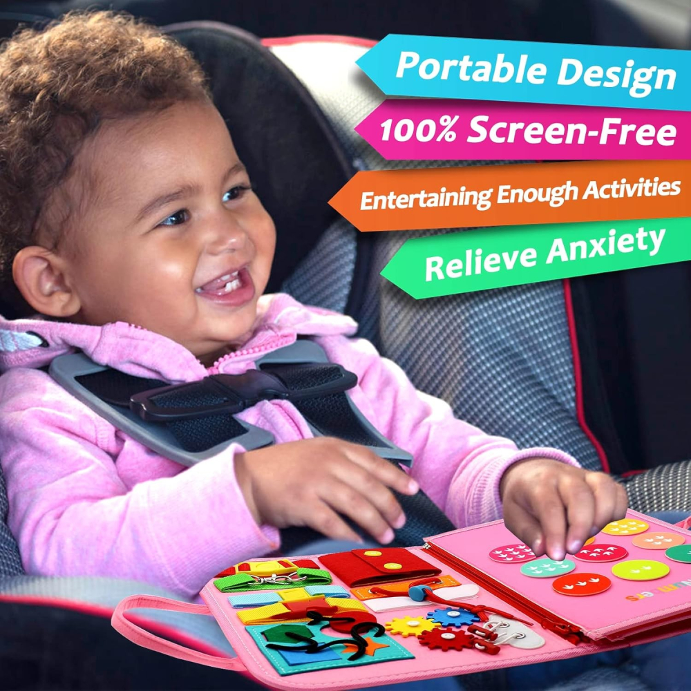 Carte senzoriala educativa Montessori, 7 activitati, 4 pagini, model dinozauri, roz [5]