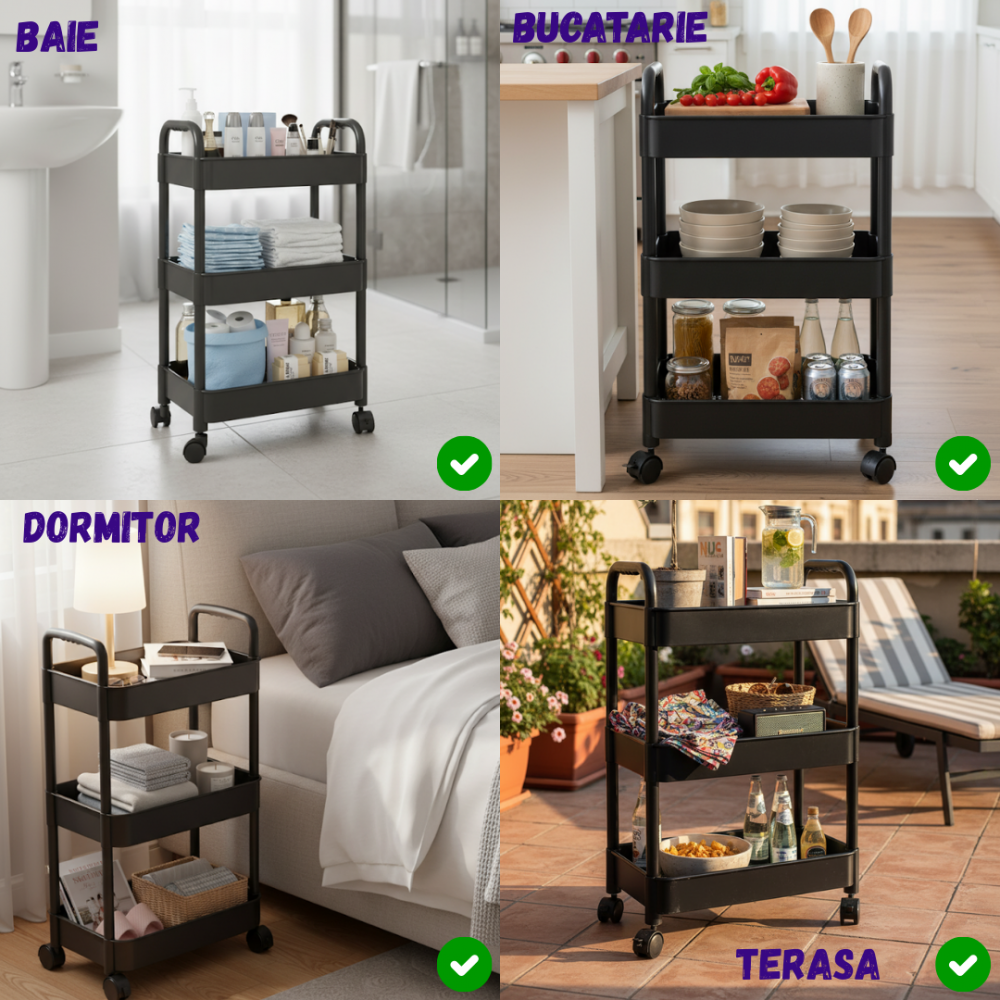 Carucior Organizator cu 3 Niveluri si Roti – Plastic Negru, Mobil si Compact [2]