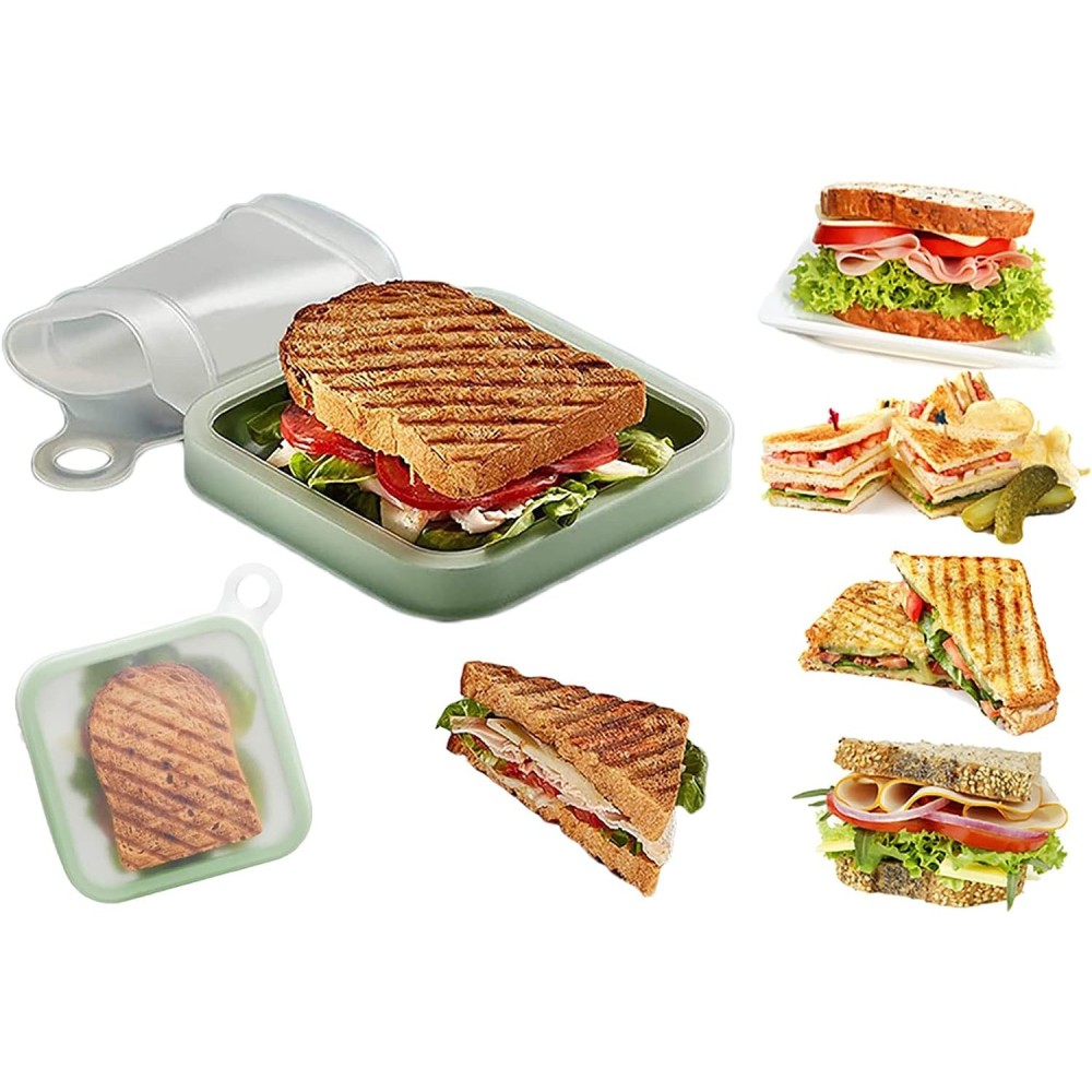 Caserola pentru sandwich, portabila cu capac anti-scurgere, silicon si polipropilena, 15.5x15.5x2.5 cm, verde [7]