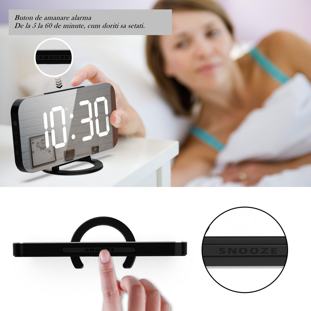 Ceas digital cu alarma, ecran oglinda, 2 porturi USB, alb, 15.8 cm [12]