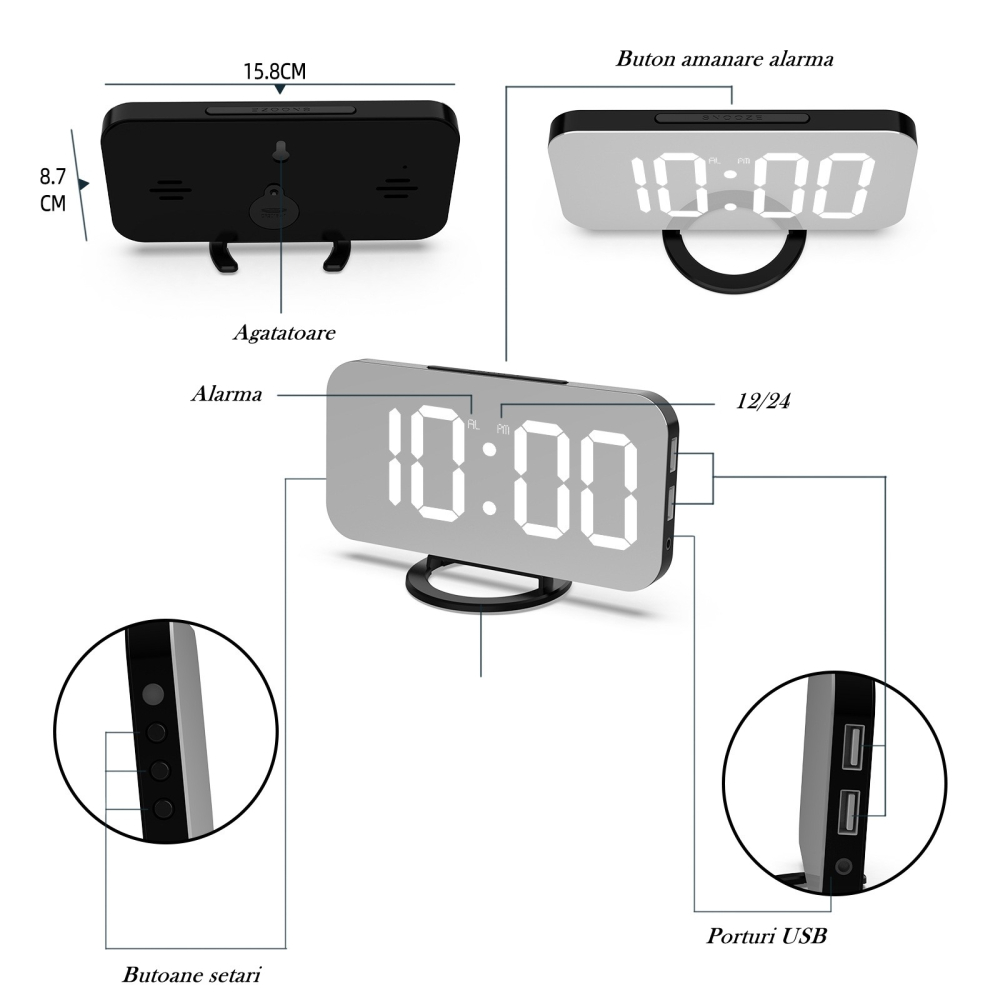 Ceas digital cu alarma, ecran oglinda, 2 porturi USB, alb, 15.8 cm [6]