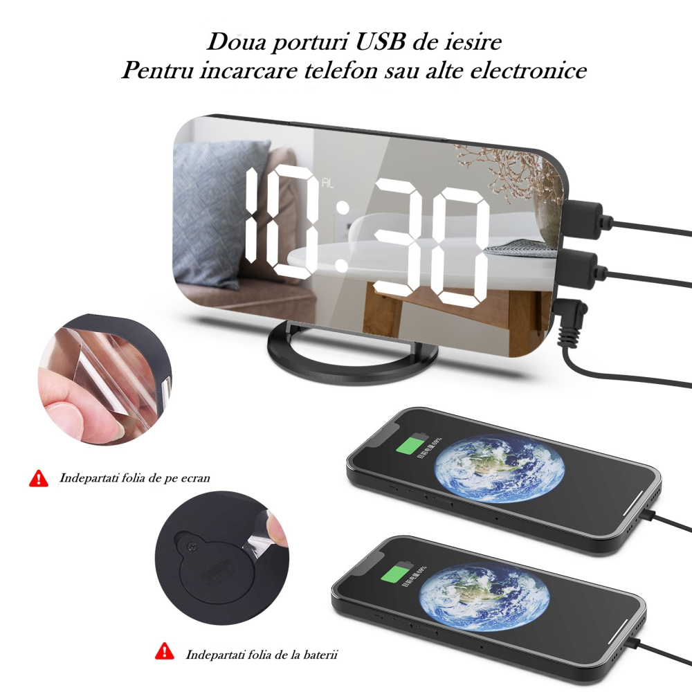 Ceas digital cu alarma, ecran oglinda, 2 porturi USB, alb, 15.8 cm [11]