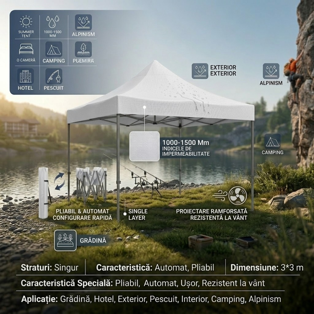 Cort pavilion 3x3 m, cadru metalic pliabil ranforsat, acoperis polyester Oxford 420D, alb [4]