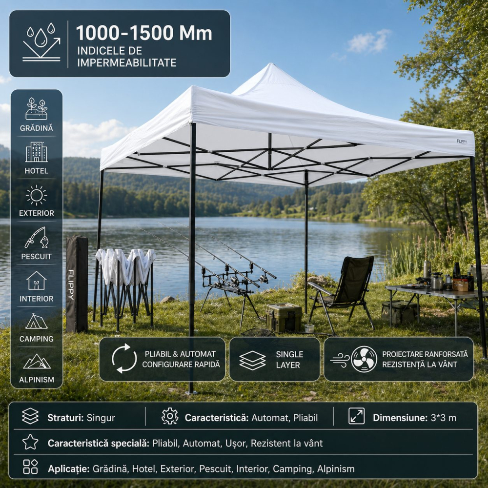 Cort pavilion pliabil 3x3m, cadru metal ranforsat, acoperis 420D polyester oxford, alb [2]