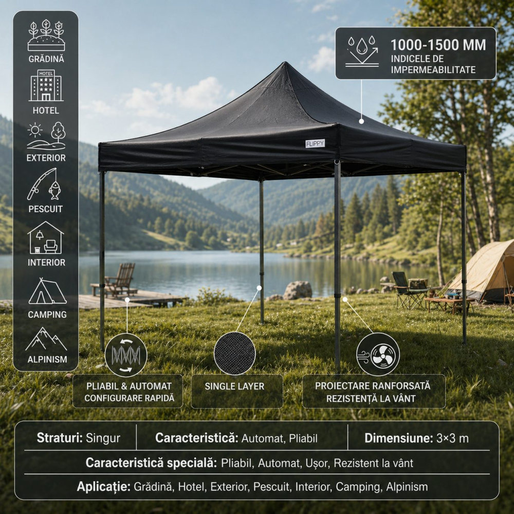 Cort pavilion pliabil 3x3m, cadru metal ranforsat, acoperis poliester Oxford 420D [2]