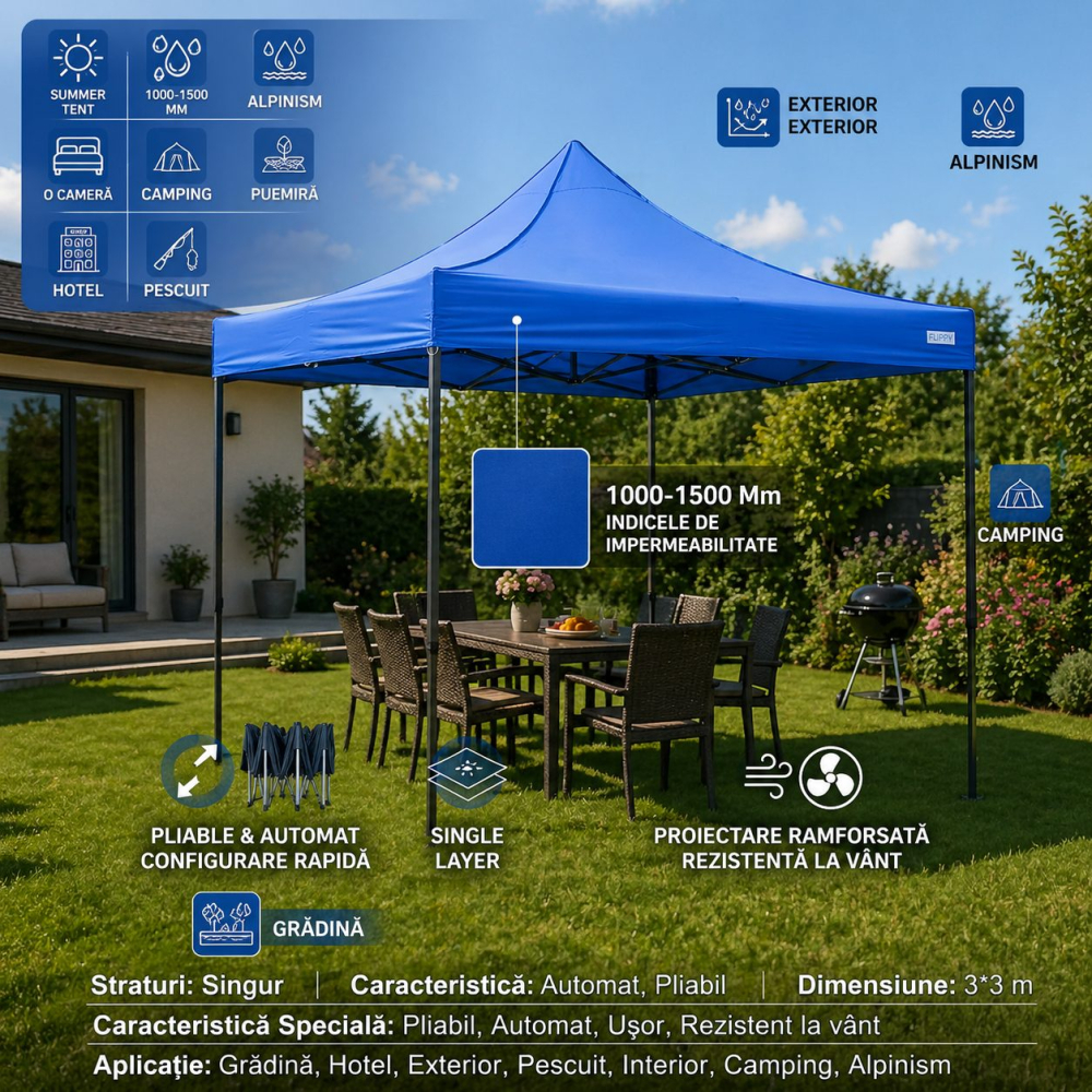 Cort pavilion pliabil 3x3m, cadru metal ranforsat, acoperis poliester Oxford 420D albastru [2]