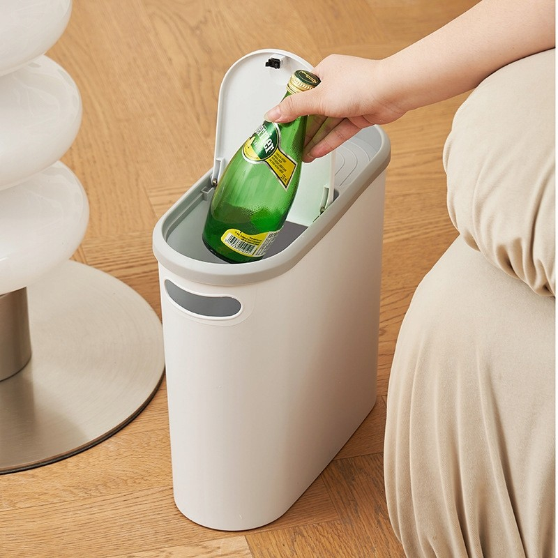 Cos de gunoi cu capac automat, maner si compartiment depozitare, plastic 10L, alb gri [2]