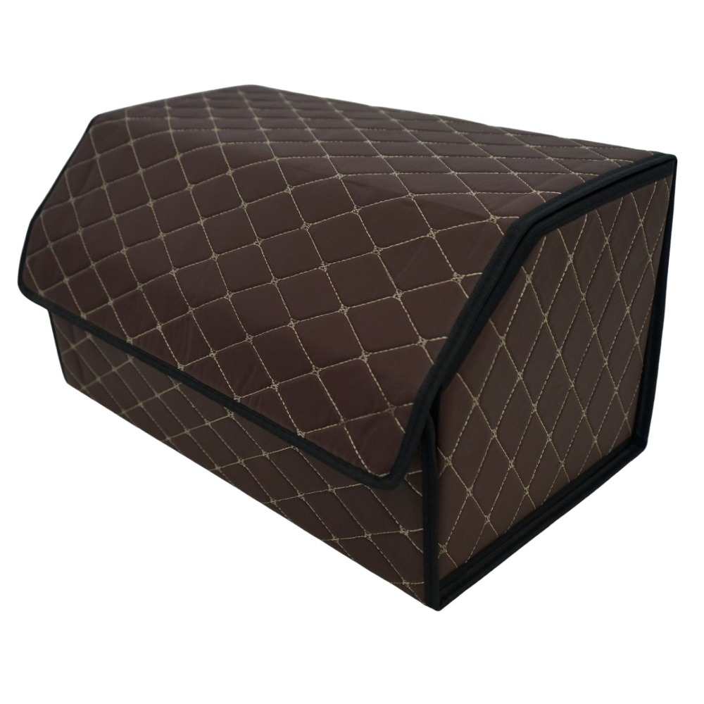 Cutie depozitare auto pliabila, 2 compartimente, piele ecologica maro, 55x30x30 cm [2]