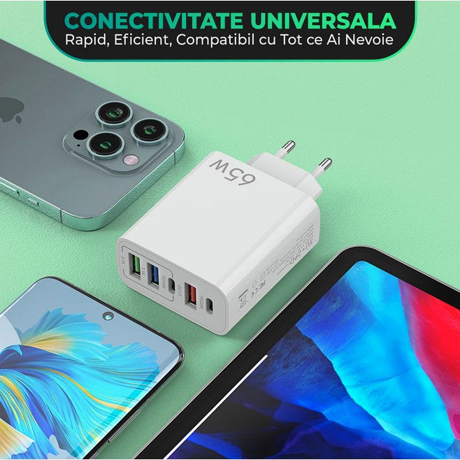 incarcator retea 5 porturi 65w fast charge usb type-c alb [3]