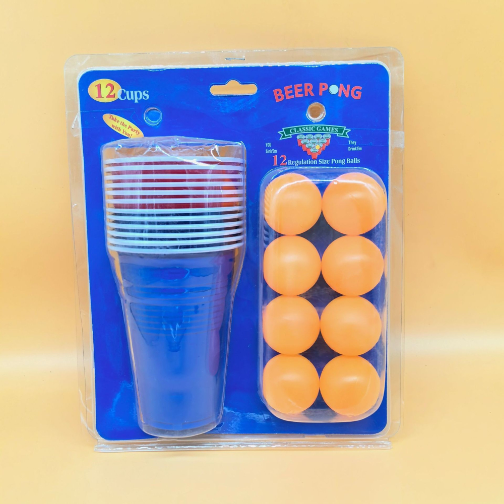 Joc de baut Beer Pong, set clasic, 12 mingi tenis si 12 pahare reutilizabile, plastic colorat [5]