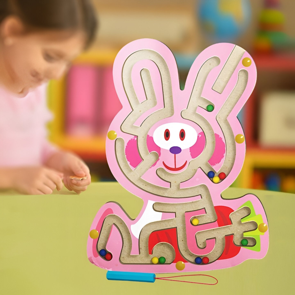 Joc Montessori cu bile, creion magnetic, tip labirint, model Iepuras, lemn, 19.5x15.5 cm, roz [4]