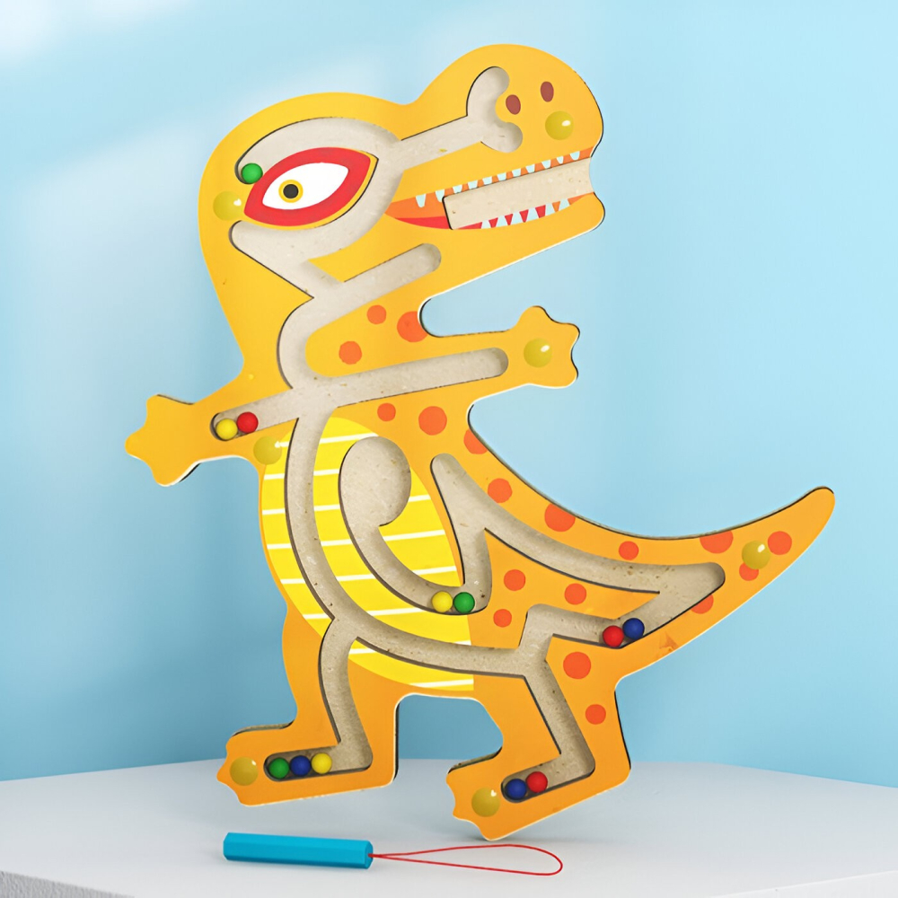 Joc Montessori cu bile, model Tiranozaur, labirint din lemn, 21x18 cm, portocaliu [3]