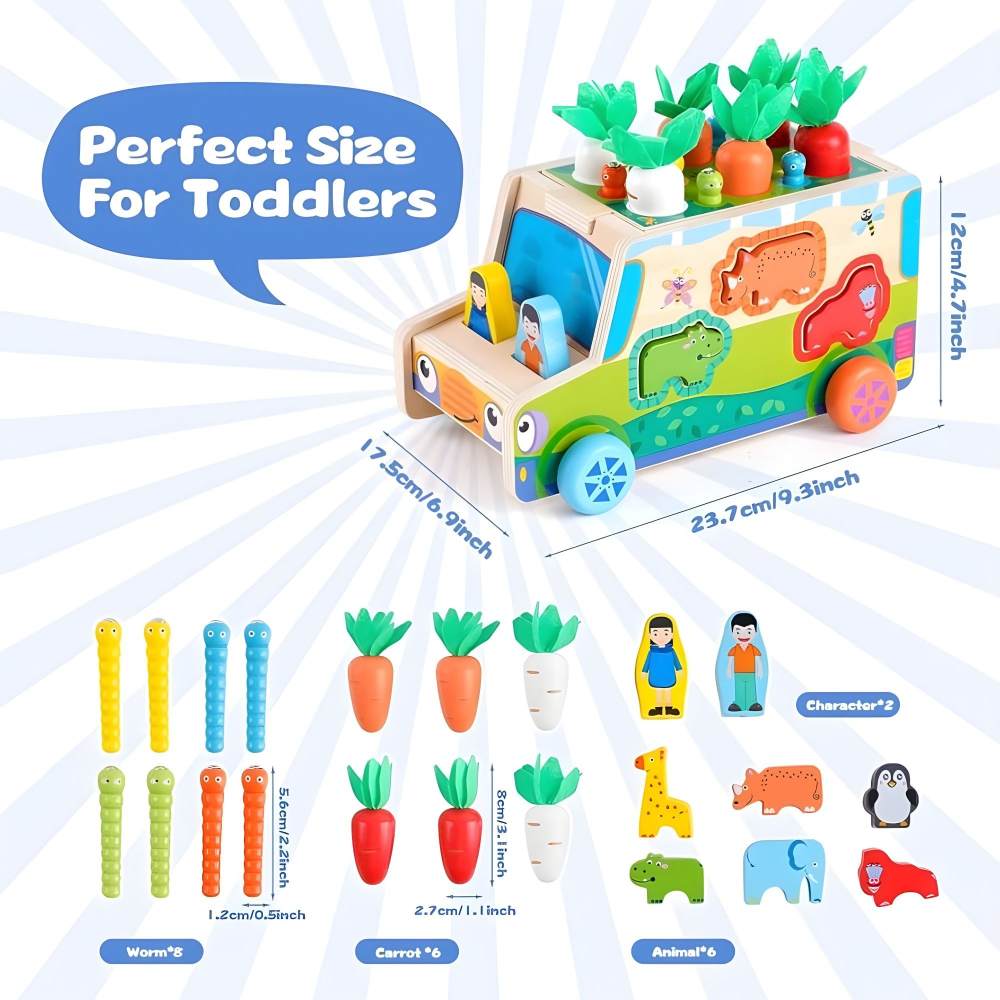 Jucarie educativa din lemn, masinuta multifunctionala 6 in 1, sortator forme, multicolor [3]