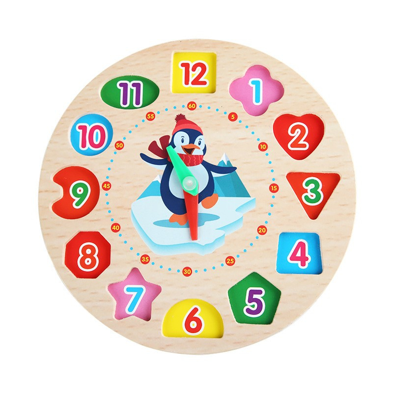 Pachet jucarii educative Montessori, modele ceas pinguin si girafa, forme geometrice, lemn multicolor [2]