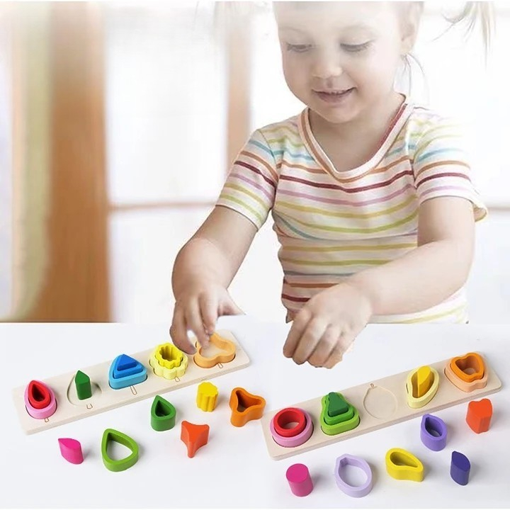 Jucarie Montessori din lemn, puzzle cu 5 forme asimetrice, 15 piese, multicolor [5]