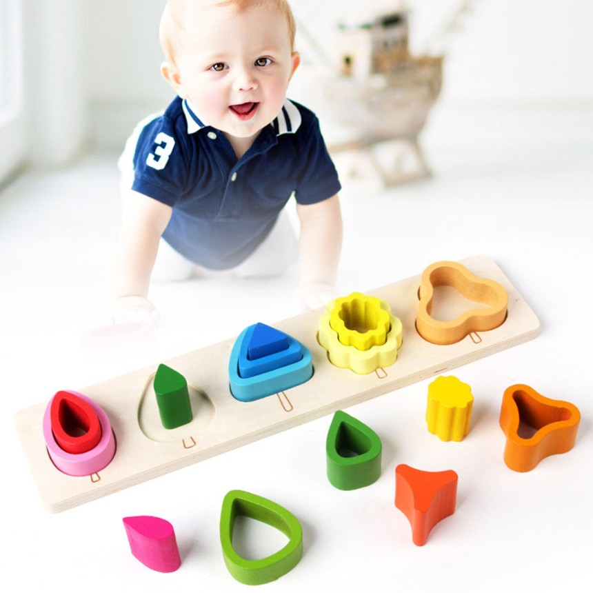 Jucarie Montessori din lemn, puzzle cu 5 forme asimetrice, 15 piese, multicolor [2]