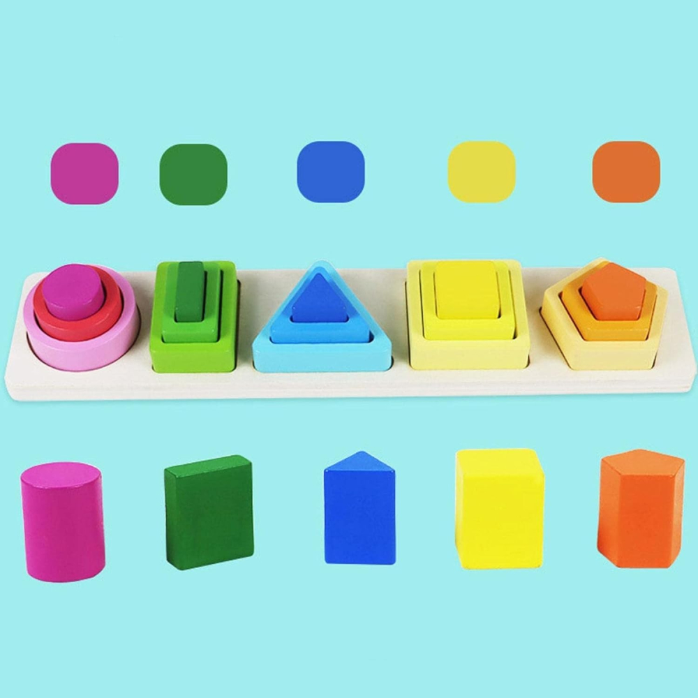 Jucarie Montessori din lemn, tip puzzle cu 5 forme asimetrice, 15 piese colorate [9]