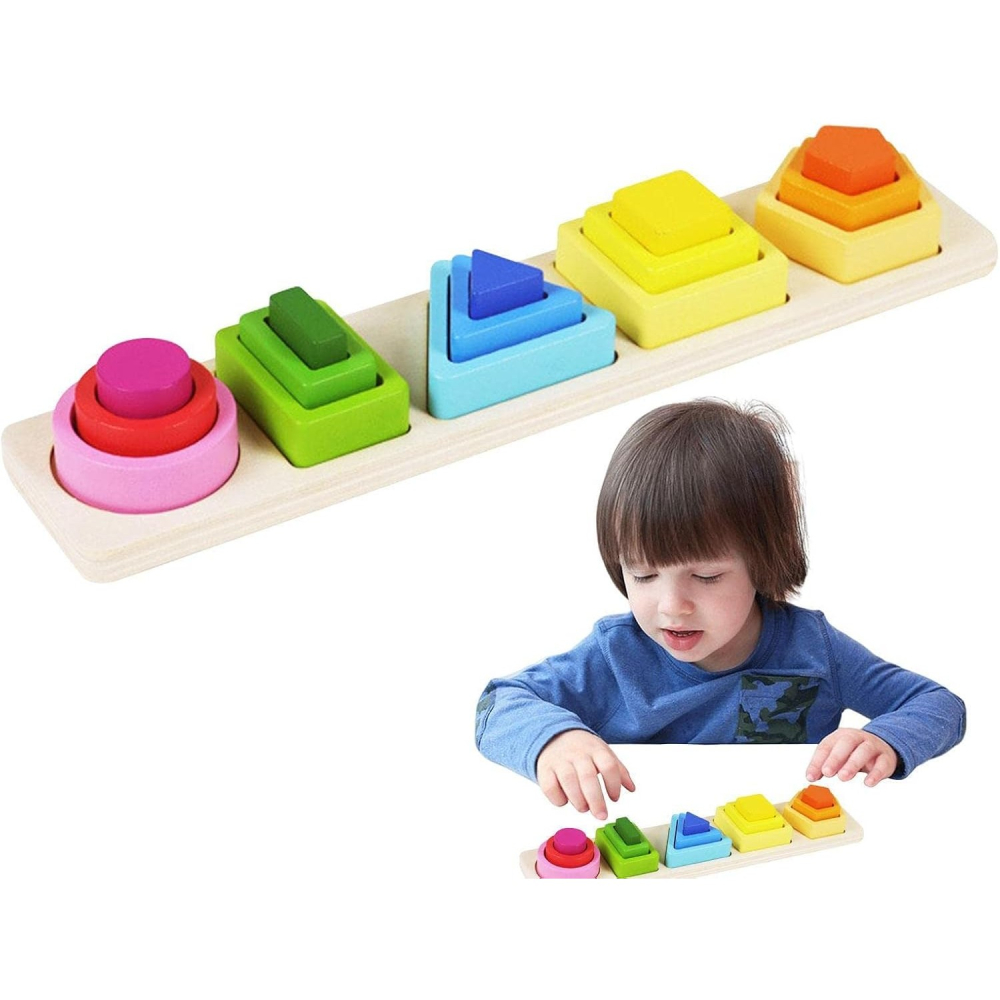 Jucarie Montessori din lemn, tip puzzle cu 5 forme asimetrice, 15 piese colorate [7]