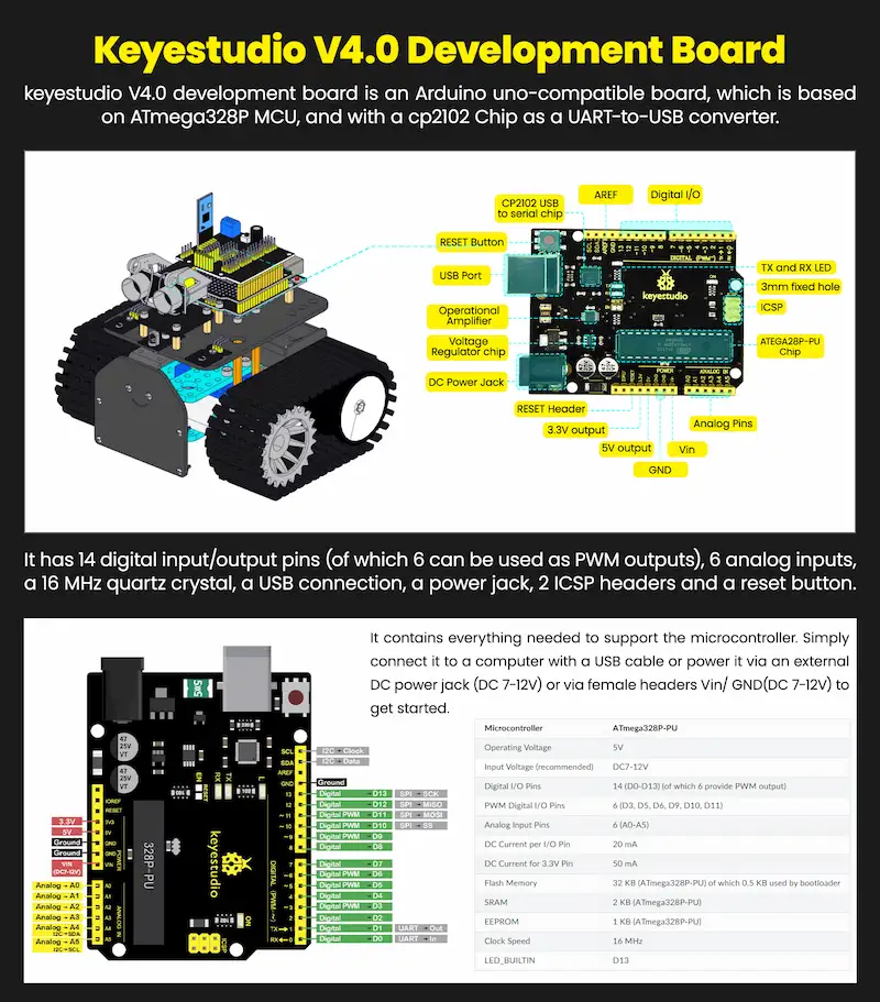 Kit Robot Tank pe Senile STEM Keyestudio KS0605 V2.1, Arduino, 15 Proiecte, Bluetooth, IR, Ultrasonic, Evitare Obstacole, Panou LED 8x16 [3]