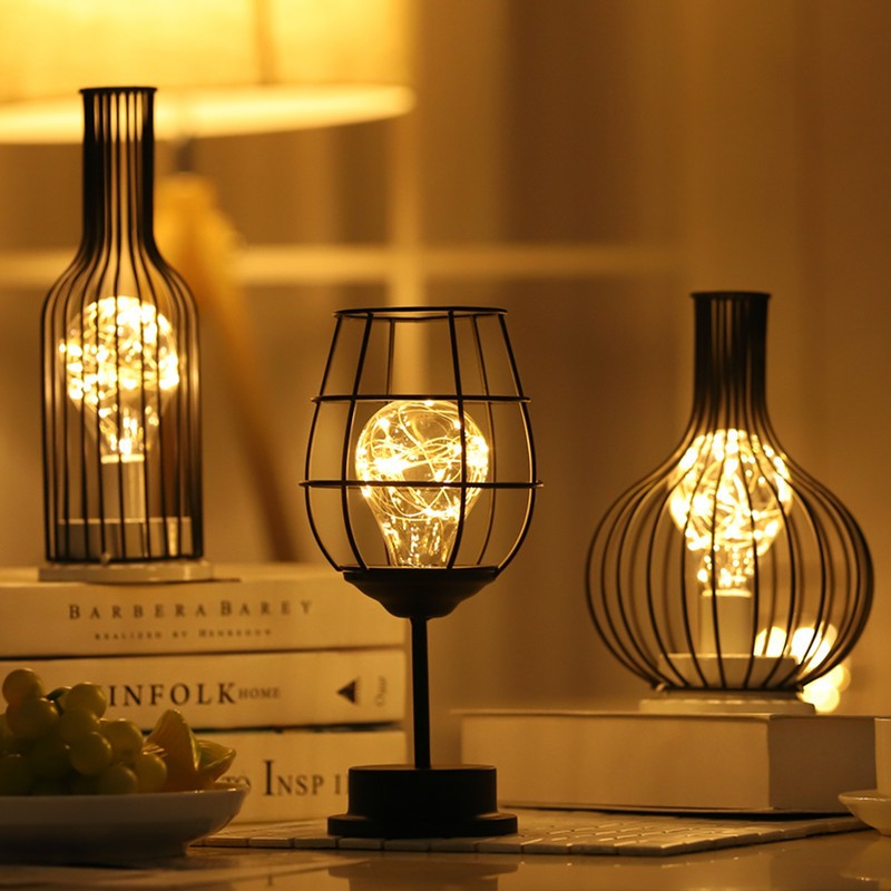 Lampa decorativa cu leduri, model pahar de vin, lumina alb cald, suport negru [9]