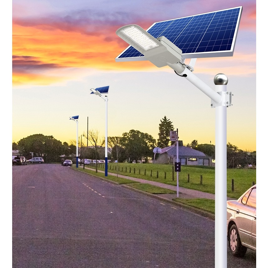 Lampa solara stradala, 60 LED-uri SMD, senzor de lumina, panou 25W, gri [7]