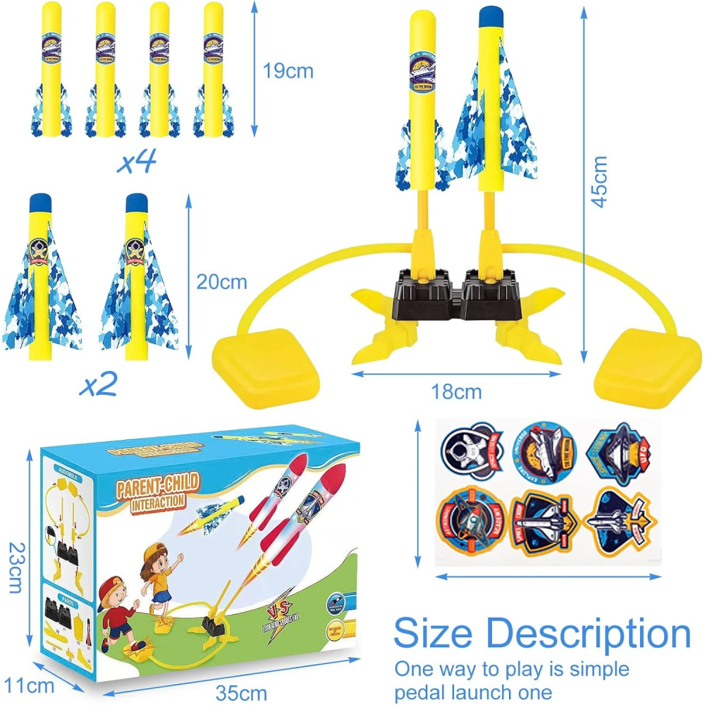 Lansator de rachete cu piciorul, doua lansatoare, 6 rachete fara lumini, 45x18 cm, galben [6]