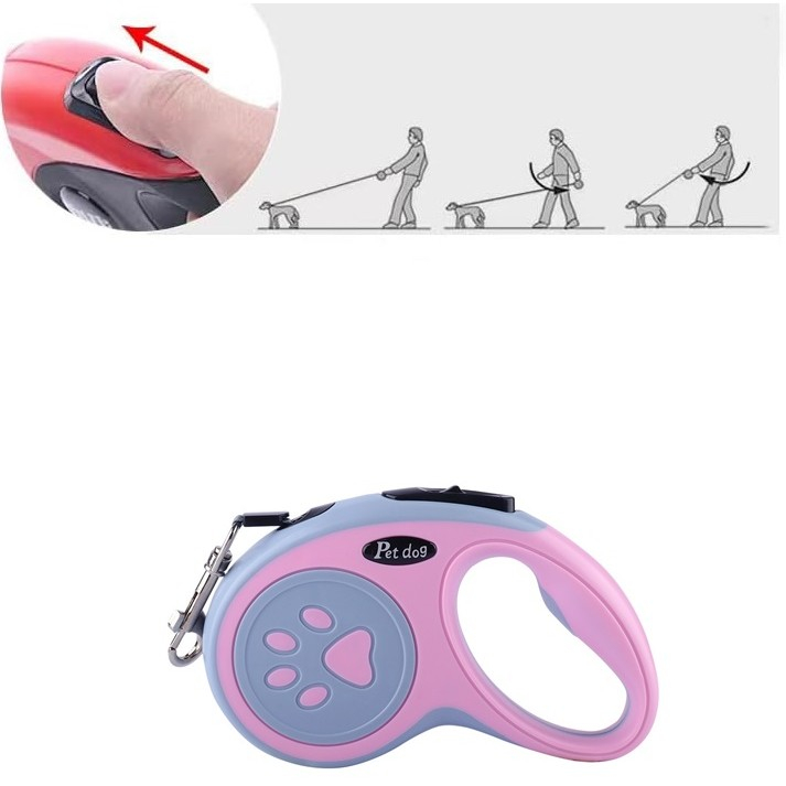 Lesa retractabila pentru caini, model retractabil, sistem blocare reglabil, plastic roz/gri [5]