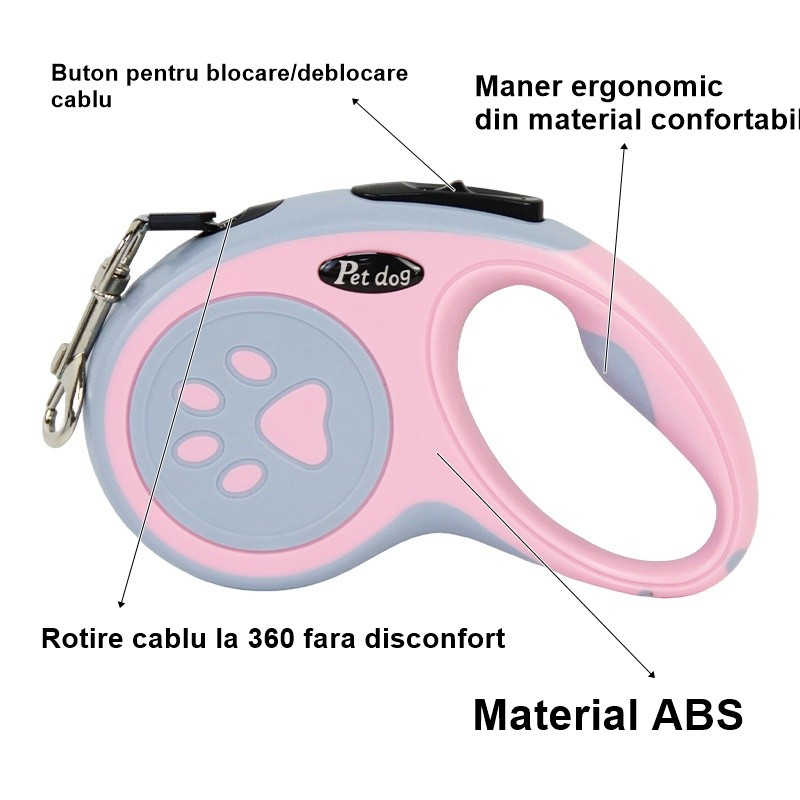 Lesa retractabila pentru caini, model retractabil, sistem blocare reglabil, plastic roz/gri [6]