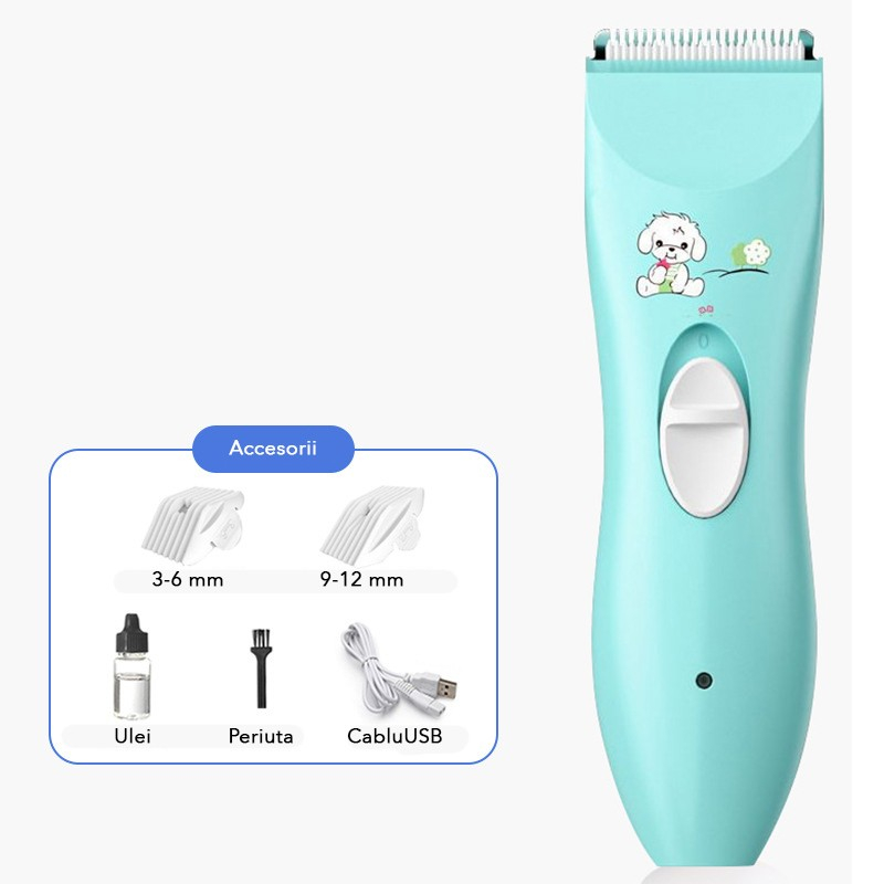 Masina de tuns fara fir pentru copii, lame inox, functie anti taiere, incarcare USB, albastru deschis [2]