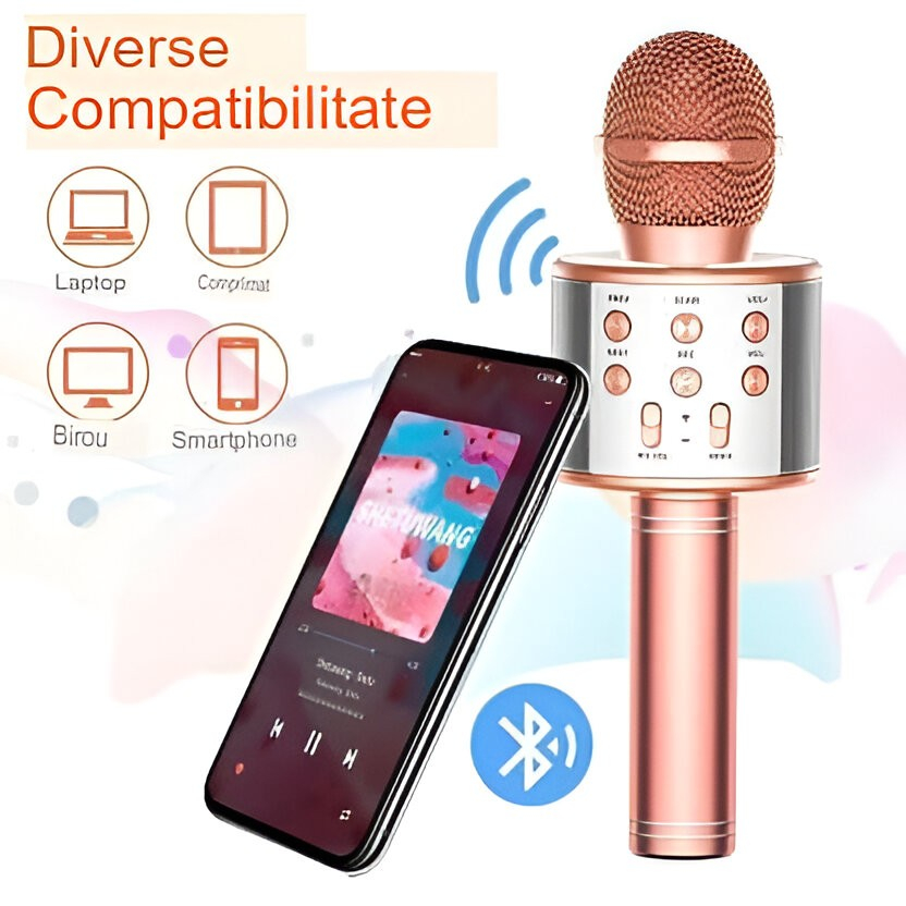 microfon karaoke portabil bluetooth boxa incorporata rose gold [5]