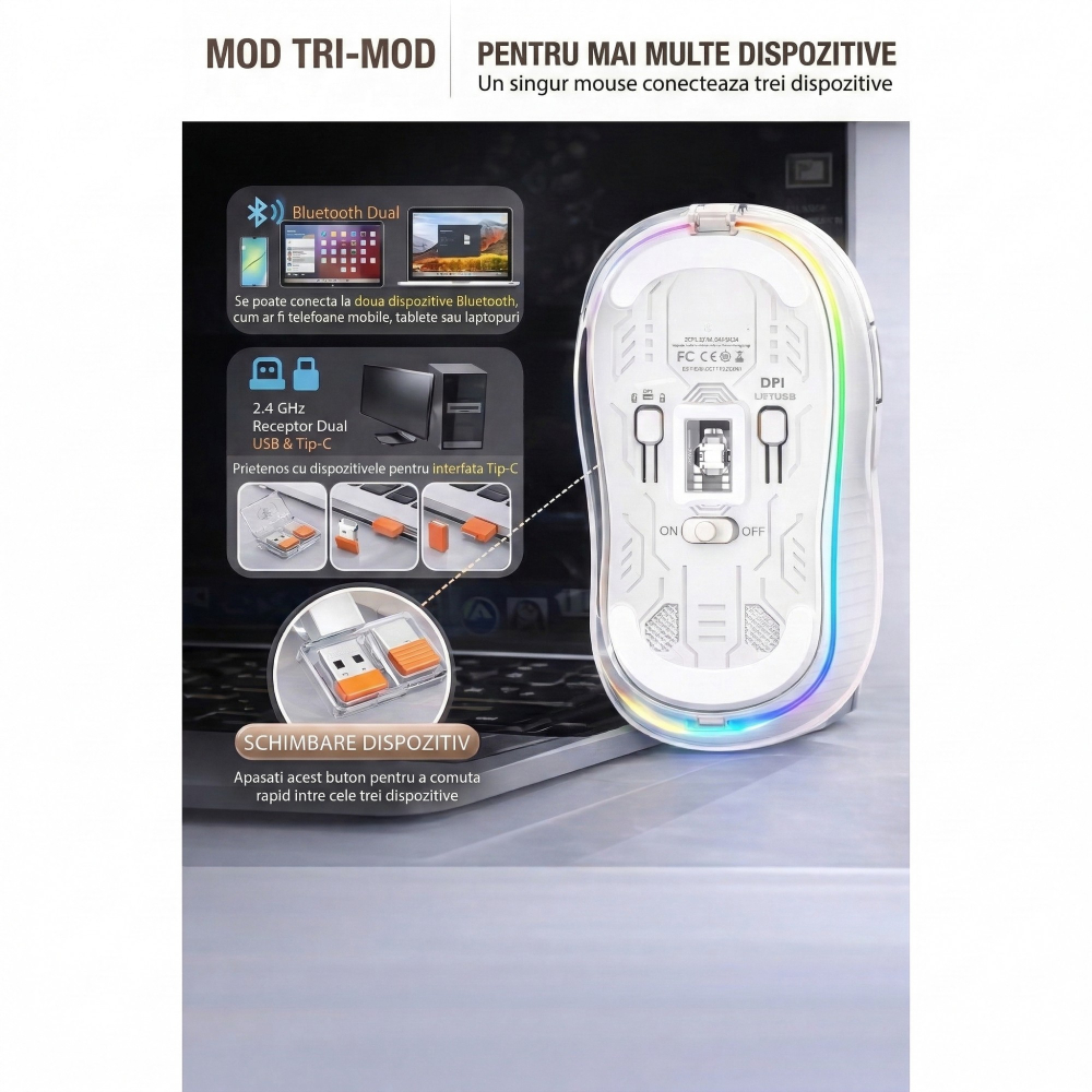 Mouse wireless, dual Bluetooth si 2.4 GHz, reincarcabil, alb [2]