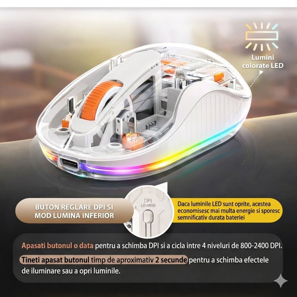 Mouse wireless, dual Bluetooth si 2.4 GHz, reincarcabil, alb [3]