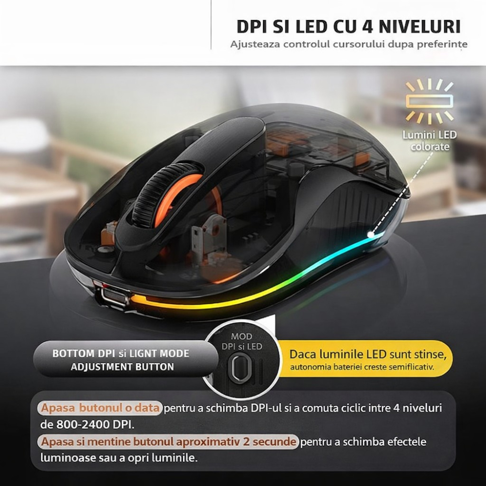 Mouse wireless, dual Bluetooth si 2.4 GHz, reincarcabil, negru [2]
