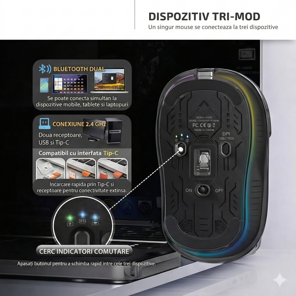Mouse wireless, dual Bluetooth si 2.4 GHz, reincarcabil, negru [5]