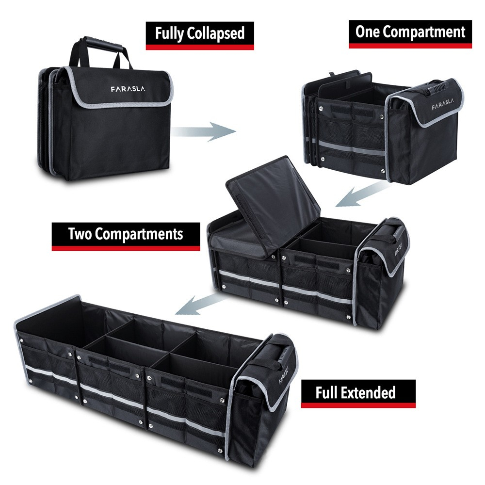 Organizator auto pliabil, model cu geanta termoizolanta detasabila, 3 compartimente, panza neagra, 90x35x30 cm [2]