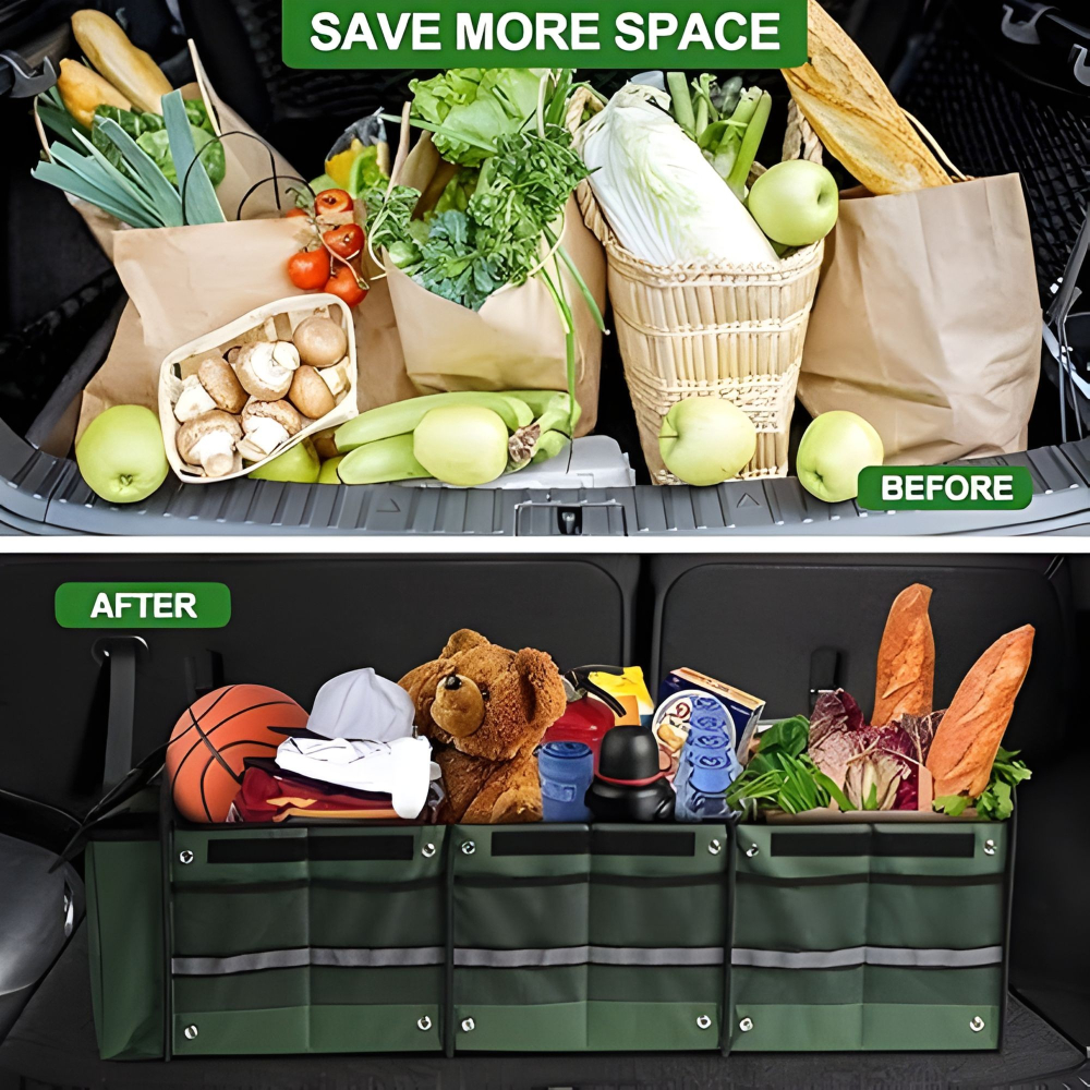 Organizator auto pliabil, model cu geanta termoizolanta detasabila, 3 compartimente, panza verde [4]