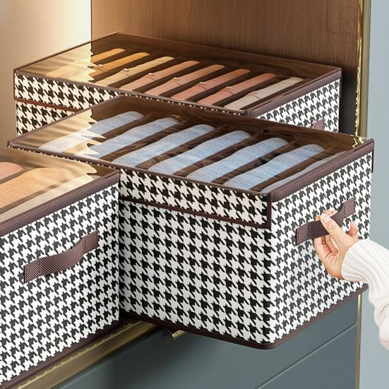 Pachet 2+1 Cutie Depozitare cu Capac Transparent, Model Mare in Carouri, Maro [7]