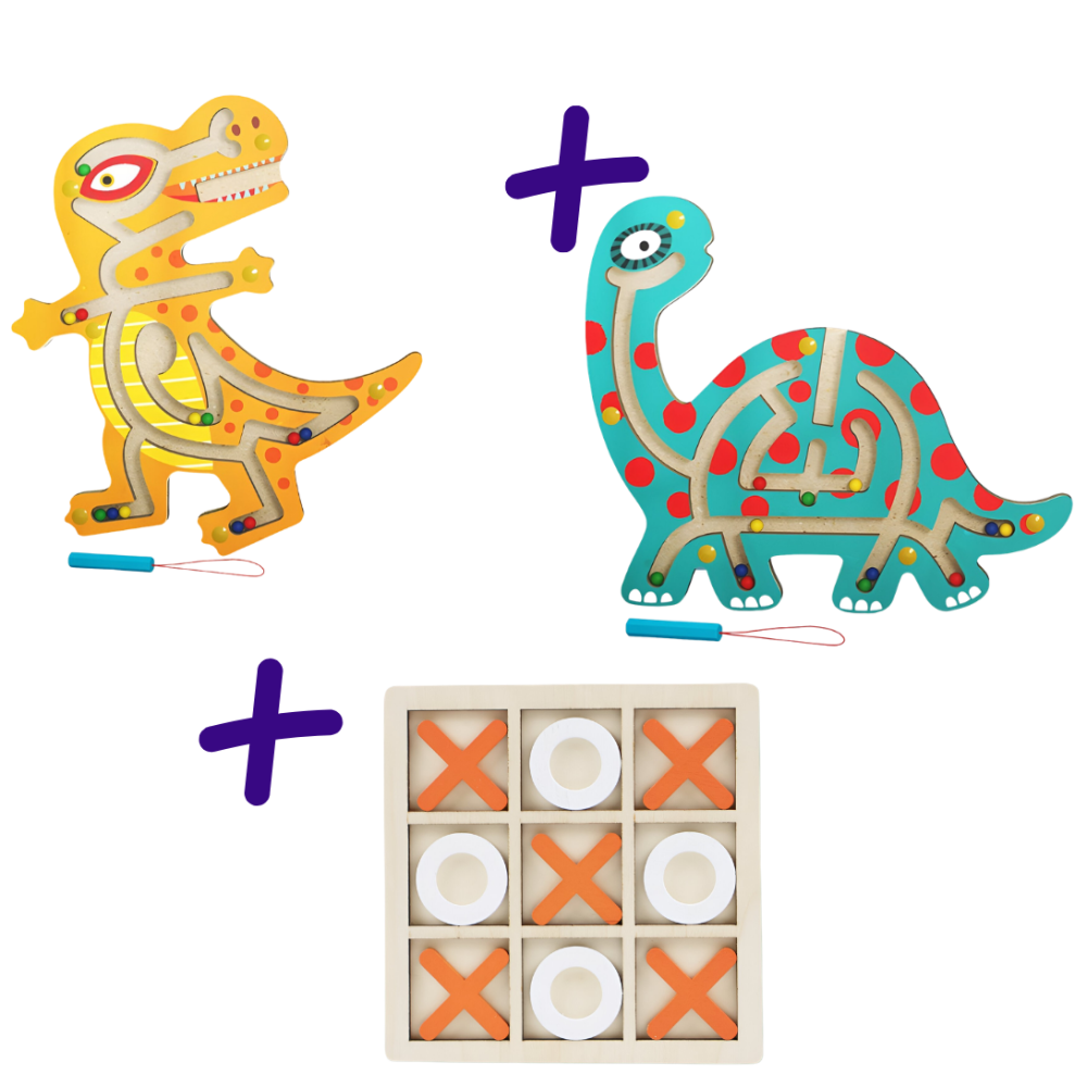Pachet jocuri Montessori cu bile tip labirint, X si Zero, din lemn, modele colorate [1]