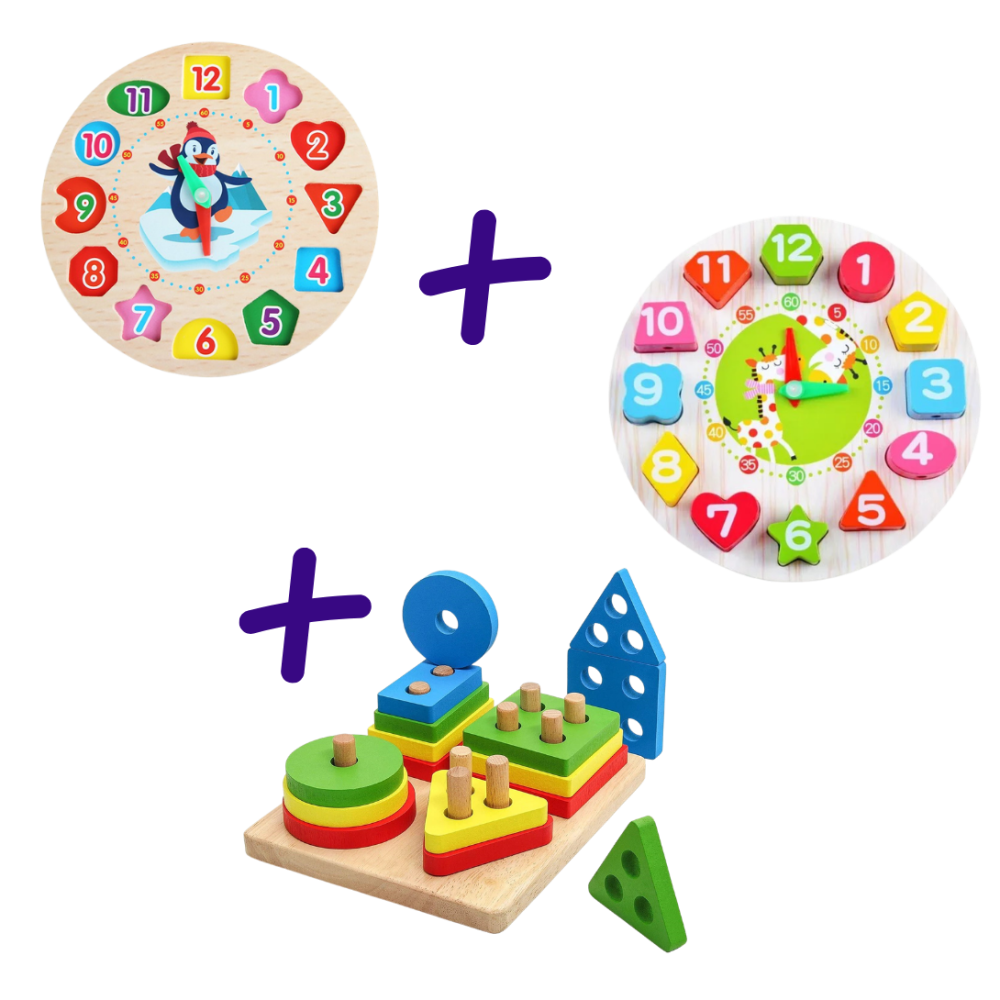 Pachet jucarii educative Montessori, modele ceas pinguin si girafa, forme geometrice, lemn multicolor [1]