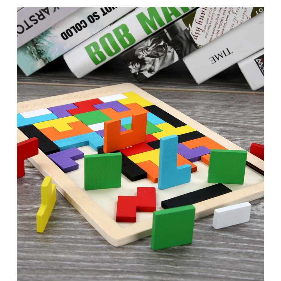 Pachet puzzle Montessori din lemn, tip Tetris si puzzle cu forme asimetrice, educativ, multicolor [5]