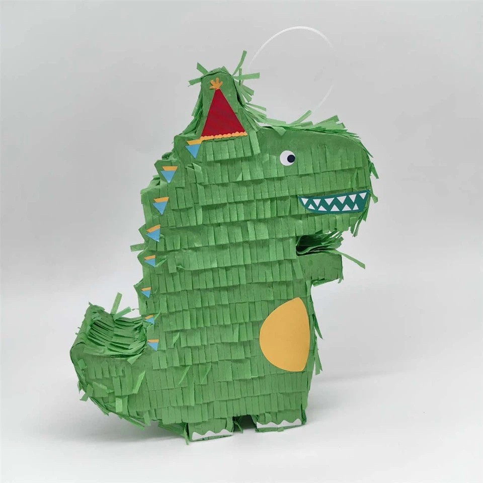Pinata dinozaur pentru petrecere, model verde, carton si hartie creponata, 25x7x27 cm [2]
