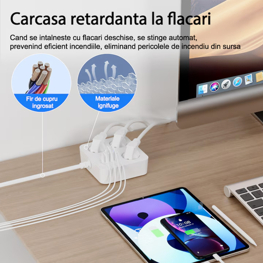 Prelungitor multifunctional pentru birou, 3 prize Schuko, 2 USB-A, 2 USB-C, suport telefon, cablu 2 m, alb [4]