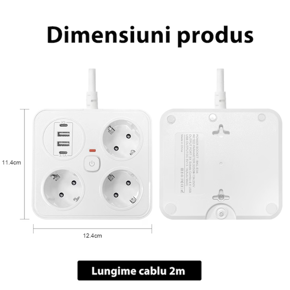Prelungitor multifunctional pentru birou, 3 prize Schuko, 2 USB-A, 2 USB-C, suport telefon, cablu 2 m, alb [5]