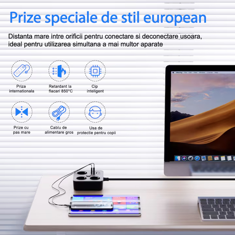 Prelungitor multifunctional pentru birou, 3 prize Schuko, 2 USB-A, 2 USB-C, suport telefon, cablu 2 m, negru [3]