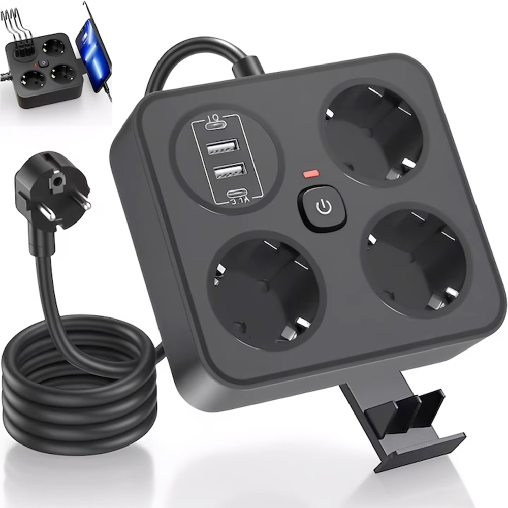 Prelungitor multifunctional pentru birou, 3 prize Schuko, 2 USB-A, 2 USB-C, suport telefon, cablu 2 m, negru [4]