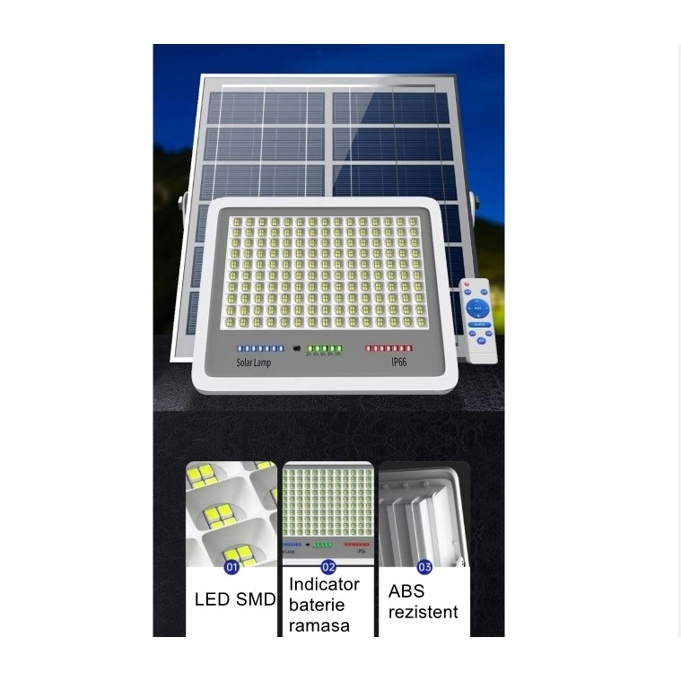 Proiector LED cu panou solar, 216 LED-uri, 100W, senzor lumina, IP67, negru [3]
