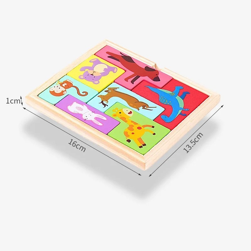 Puzzle din lemn tip Tetris, 7 piese 3D, animale colorate, multicolor [4]