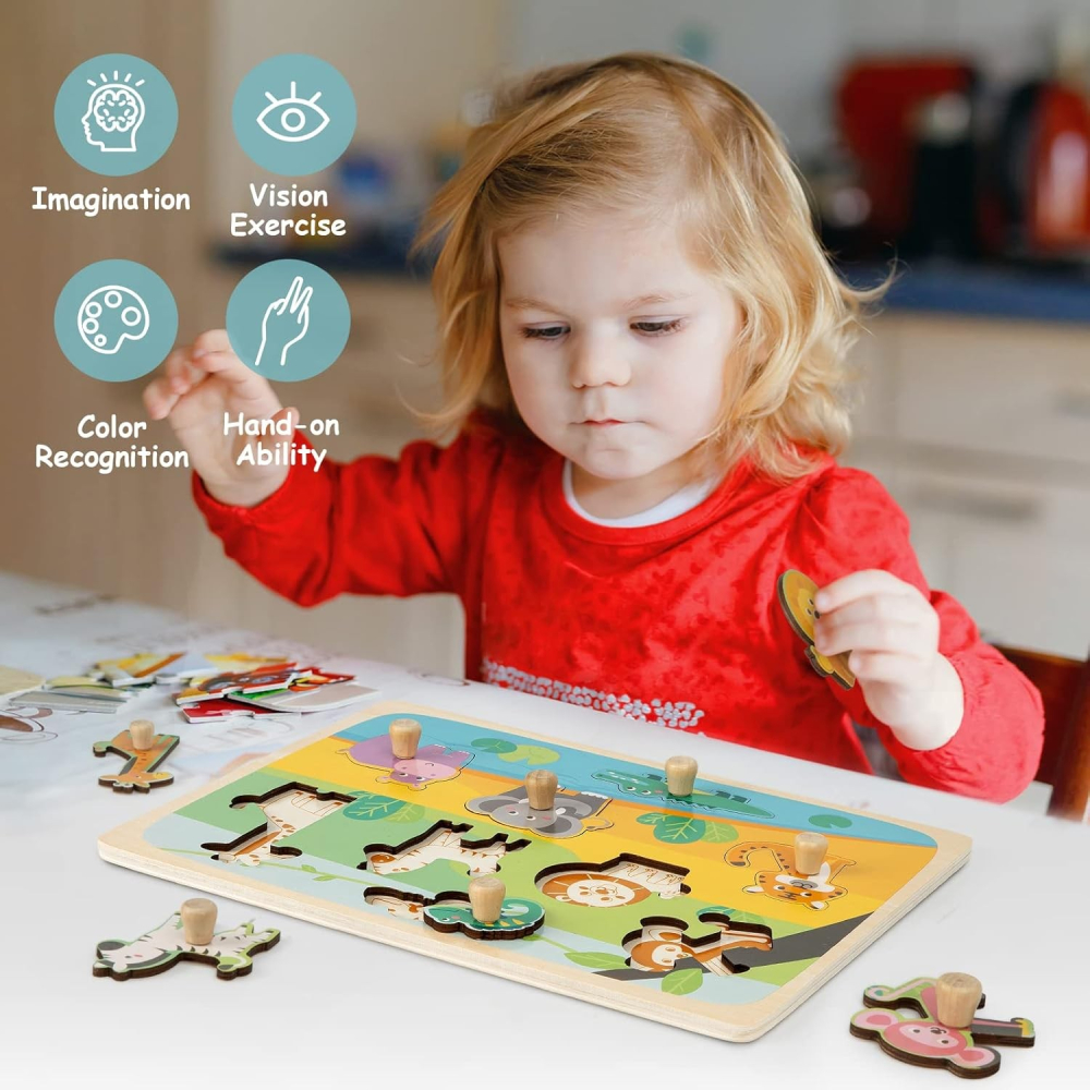 Puzzle Montessori din lemn pentru copii, model animale din jungla, 9 piese, multicolor [7]